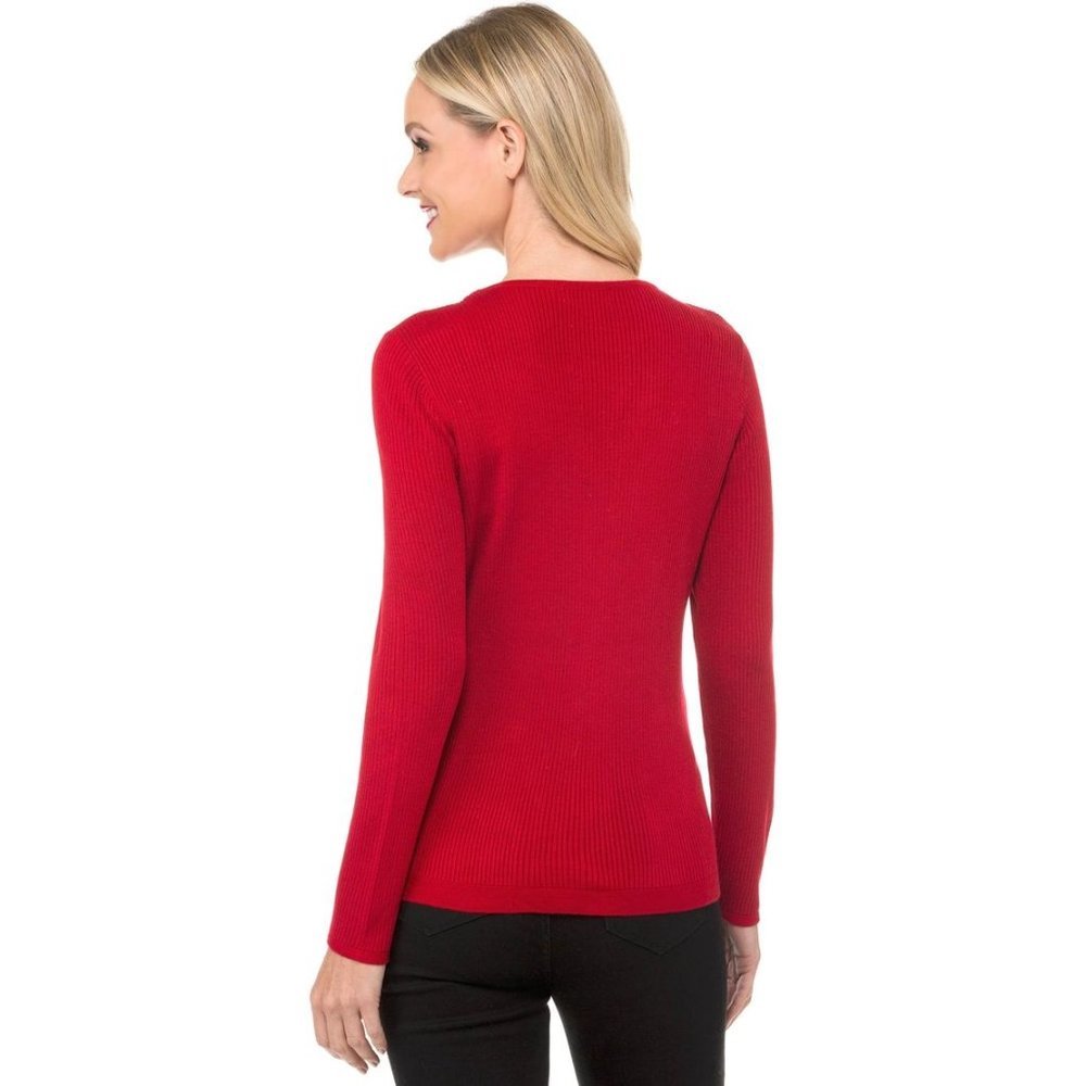 083 CALVIN KLEIN Red Ribbed Knit V-Neck Zip Front Cardigan Sweater sz S Women's - Picture 2 of 13